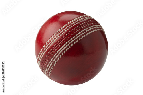 Red leather cricket ball with white stitching isolated on a transparent background