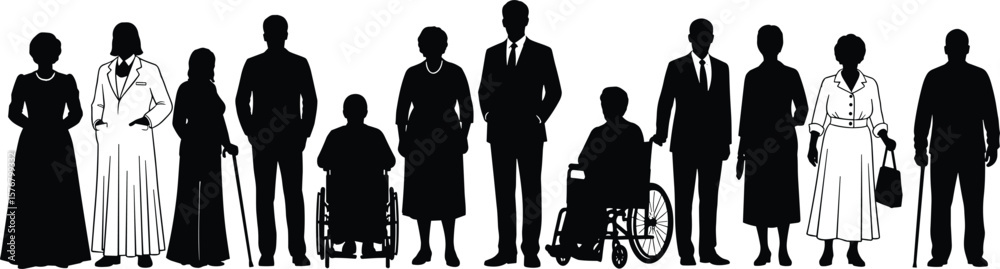custom made wallpaper toronto digitalSilhouettes of elderly people standing and sitting, men and women with walking aids, wheelchairs, inclusive aging group illustration, diverse senior community