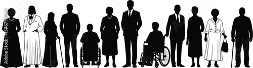Wallpaper Mural Silhouettes of elderly people standing and sitting, men and women with walking aids, wheelchairs, inclusive aging group illustration, diverse senior community Torontodigital.ca