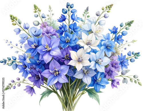 Watercolor Illustration of Larkspur Bouquet with Mixed Colors, isolated on transparent background