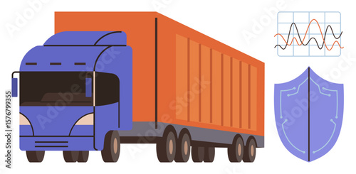 Cargo truck with shield symbolizing protection and chart illustrating data trends. Ideal for logistics, security, transportation systems, data analysis, supply chain, efficiency, safe delivery