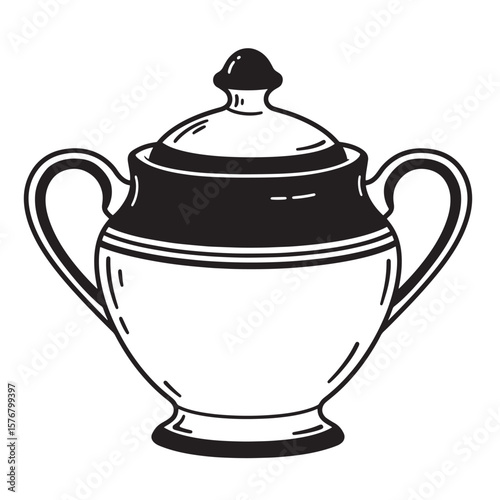 Black and white sugar bowl with handles and lid illustration