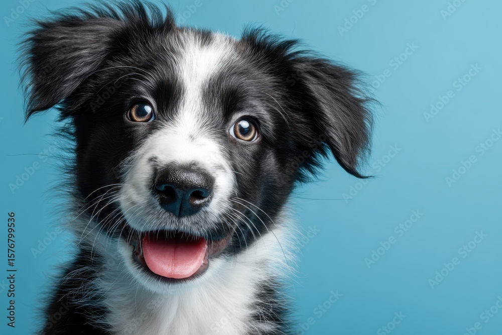 Cute smiling puppy dog poses for a funny studio portrait against a bright blue background, capturing pure joy and innocence in a playful moment Cute smiling puppy dog poses for a funny studio portrait against a bright blue background, capturing pure joy and innocence in a playful moment