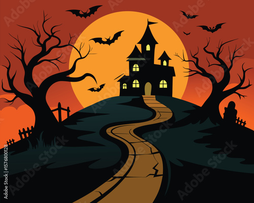 Spooky Halloween Castle on Hilltop with Winding Path