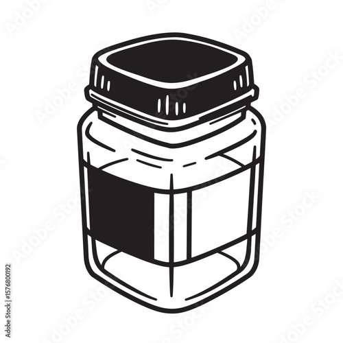 Black ink jar with label glass jar container