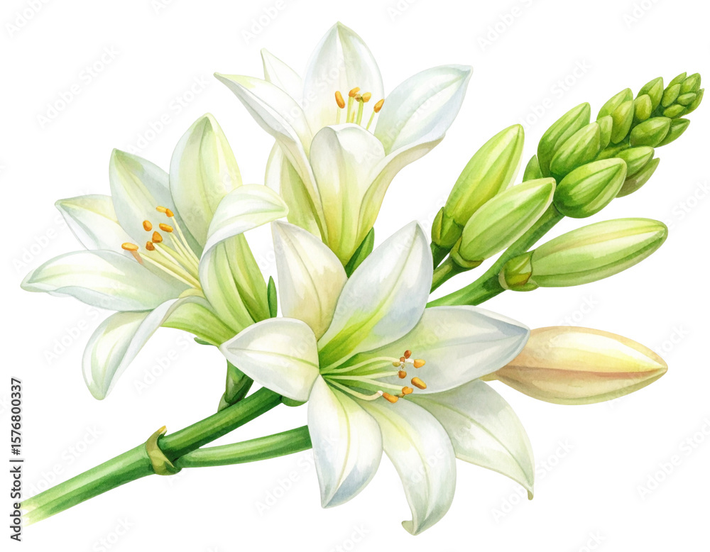 Fototapeta premium Watercolor Illustration of Tuberose Stem with Blossoms and Buds, isolated on transparent background