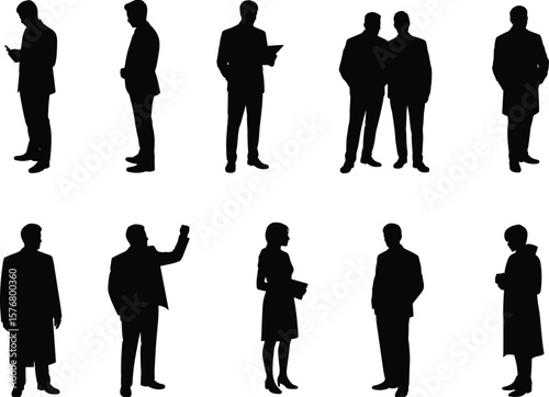 Silhouette of business professionals standing, reading, talking, holding tablets and phones, side view poses of men and women, formal style
