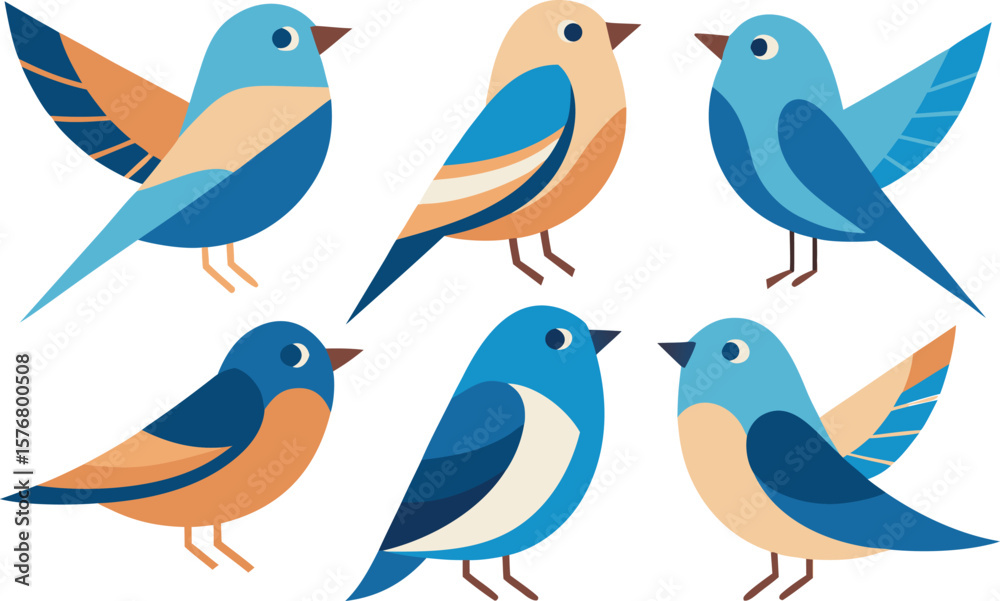 Fototapeta premium Six Cute Cartoon Birds in Blue and Orange Tones