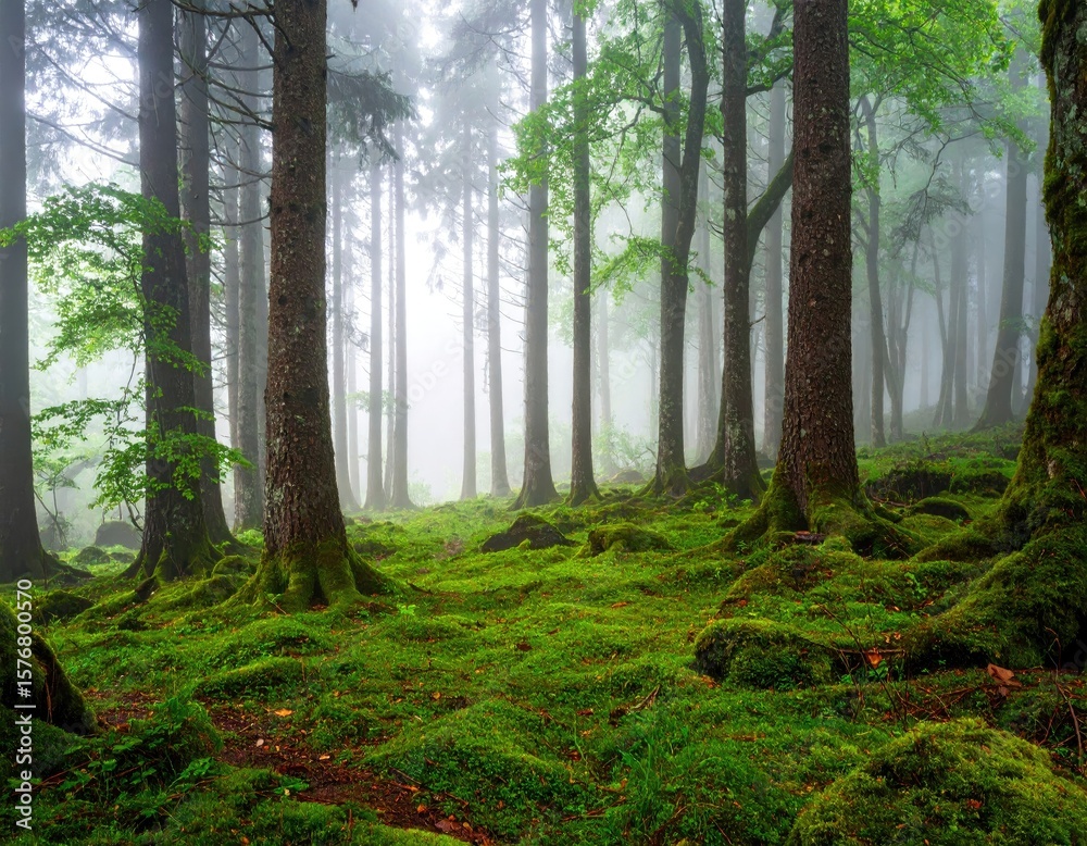 Fototapeta premium Misty forest floor, lush green moss