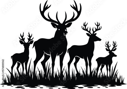 Majestic Deer Family Silhouette in Grassland Habitat