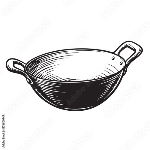 Black wok with handles vintage Art cooking kitchenware