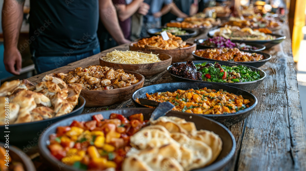 Fototapeta premium Vibrant Array of Diverse Dishes Displayed on Wooden Table with a Variety of Colors and Textures Perfect for Food Lovers and Culinary Enthusiasts