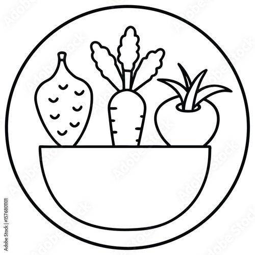 Line art illustration of a bowl containing root vegetables and a tomato vector