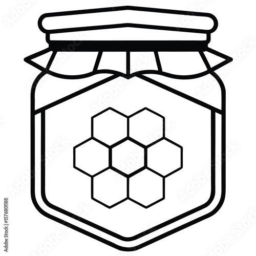 Line art illustration of a jar filled with honey and honeycomb pattern honey jar food