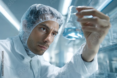 Trans Asian scientist conducting lab experiment overhead sterile white light with glass beaker reflections accurate lab coat texture