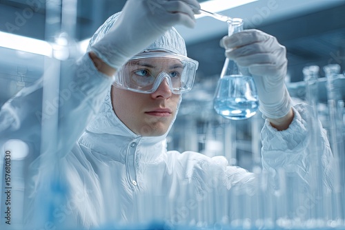 Trans Asian scientist conducting lab experiment overhead sterile white light with glass beaker reflections accurate lab coat texture