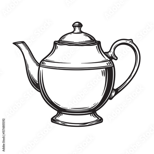 Ornate black and white teapot drawing kettle beverage