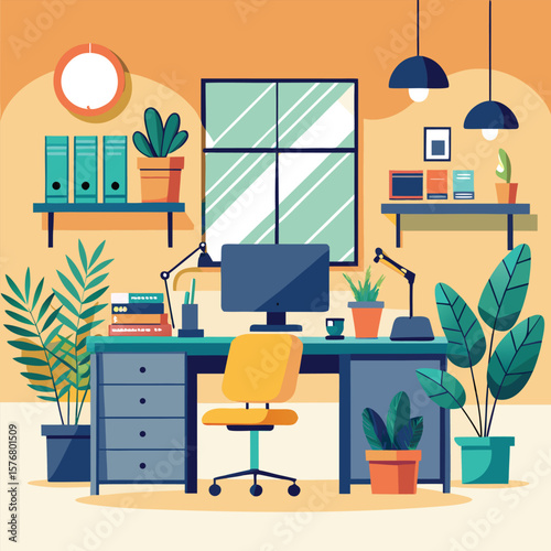Modern home office interior design with desk and potted plants in illustration