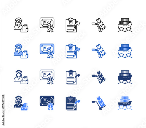 Export import icon sheet multiple style Customs broker, Export license, Export document, Cargo handling, Shipment.
