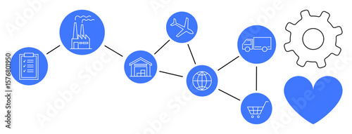 Factory, warehouse, globe, airplane, truck, shopping cart interconnected in flowchart style. Gear and heart icons. Ideal for logistics, operations e-commerce sustainability efficiency global