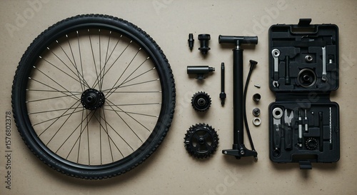 Detailed still life of a bicycle wheel, pump, gear and tool kit laid out on a neutral surface.