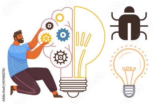 Man repairs mechanisms in a half-open light bulb, symbolizing problem-solving and innovation. Adjacent bug icon signifies debugging. Ideal for teamwork, engineering, creativity, software repair