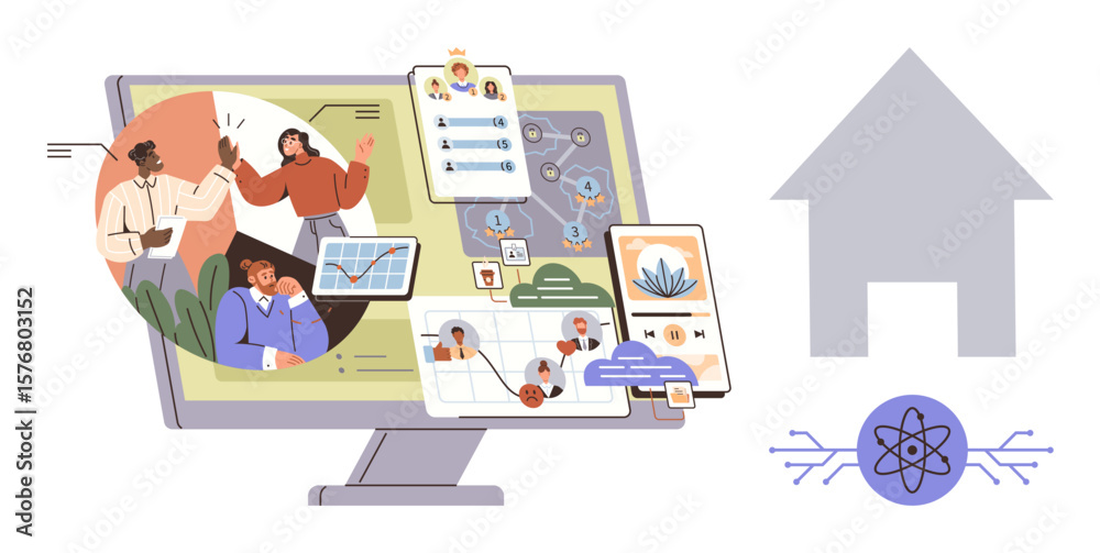 Naklejka premium Computer screen displaying digital tools, interconnected tasks, and collaboration. Ideal for teamwork, remote work, communication, networking, technology productivity and innovation. Simple flat