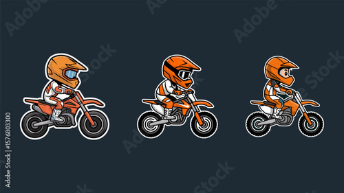 Cute cartoon motocross riders on motorcycles