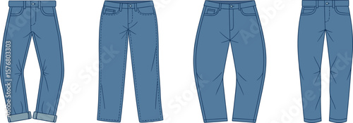 Denim jeans vector illustration, technical flat sketch, blue jeans front and back, stylish fashion cad, pants design for apparel, clothing mockup for fashion
