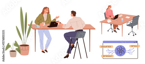 Two colleagues collaborating at a desk with laptops, nearby potted plants, a separate focused worker, and scientific diagram. Ideal for teamwork, business, learning, productivity, innovation