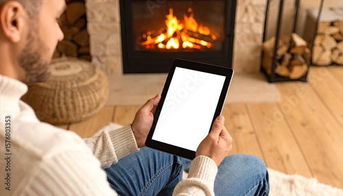 Man using tablet by fireplace (1)