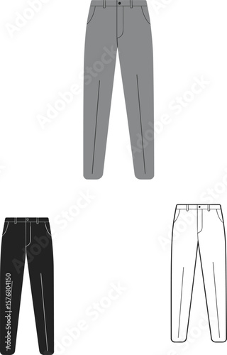 Classic men’s pants front view, black grey white version, vector fashion illustration, flat technical sketch, formal trousers design, editable cad template, clothing outline art