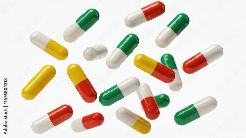 Antibiotic pills capsules falling on white background Antibiotic pills capsules falling on white background