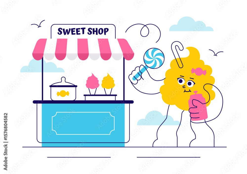 Fototapeta premium Sweet Shop Vector Illustration Featuring the Sale of Various Bakery Products, Cupcakes, Cakes, Pastries, or Candy in a Flat Style Cartoon Background
