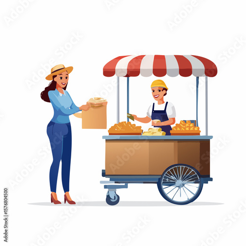 A high-quality 3D cartoon illustration showing High-detail vector of a smiling female vendor accepting cash while handing over a food box t (3).sv, designed to represent creativity, fun, and visual st