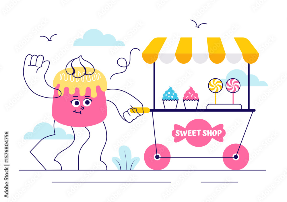 Fototapeta premium Sweet Shop Vector Illustration Featuring the Sale of Various Bakery Products, Cupcakes, Cakes, Pastries, or Candy in a Flat Style Cartoon Background