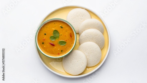 Delicious South Indian Idli with Sambar: Vibrant, appetizing overhead shot.