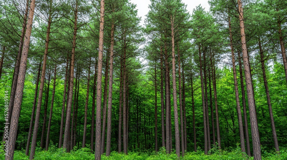 Naklejka premium Lush Green Forest with Tall Pine Trees Under Sunlight