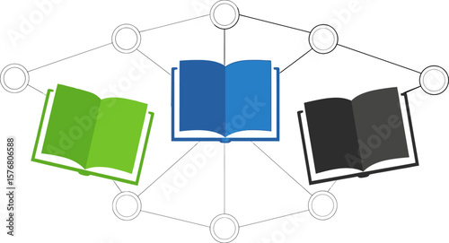 Books connected in a network representing knowledge graph and linked data for information retrieval