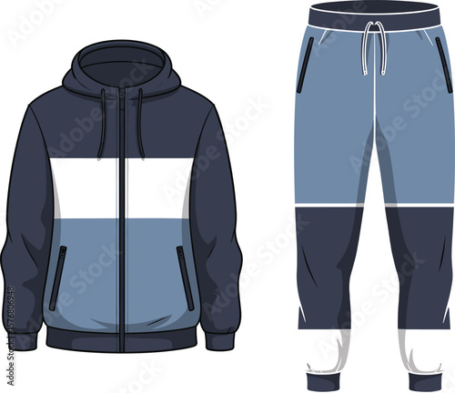 colorblock hoodie tracksuit vector, fashion flat drawing, jogger pants front view, activewear clothing sketch, men apparel mockup, cad illustration, editable layered design