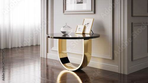 A luxurious modern side table with a black circular top and gold metallic base.