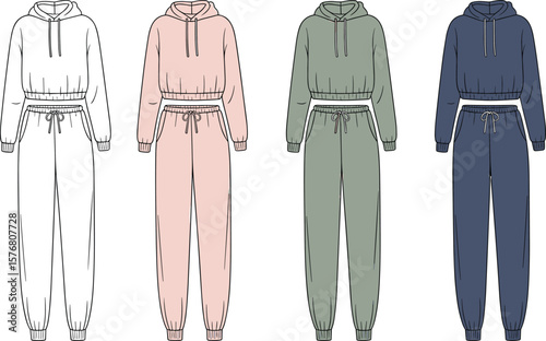 women tracksuit front view, flat vector drawing, hoodie with joggers design, fashion cad template, stylish loungewear illustration, editable clothing sketch, sportswear design mockup