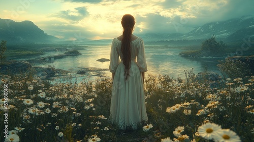 Woman in white dress overlooking serene landscape at sunset.