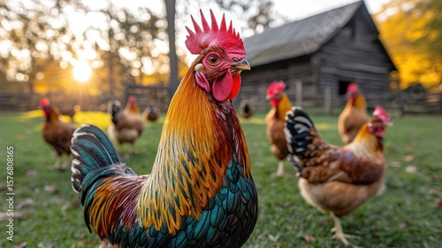 Majestic rooster with hens in a rustic farmyard at sunset.