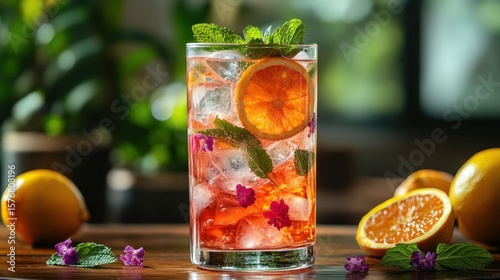 Refreshing summer cocktail with orange, mint, and edible flowers in a tall glass.
