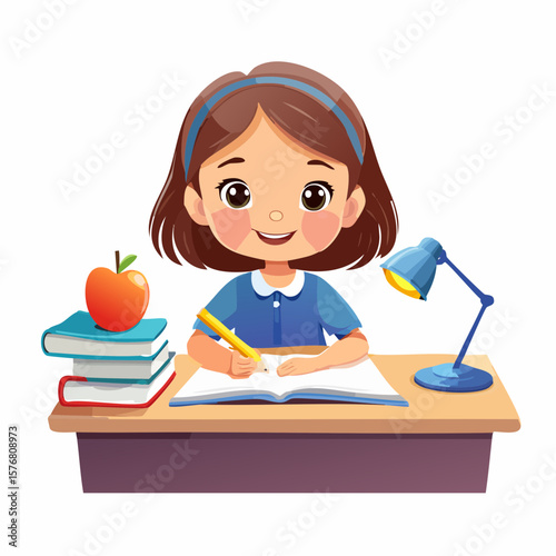 A high-quality 3D cartoon illustration showing High-detail vector of a child sitting at a desk doing homework independently, pencil in hand.svg, designed to represent creativity, fun, and visual story