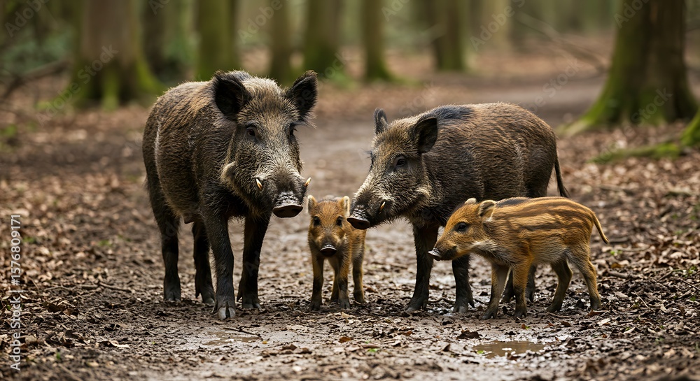 Wild Boar Family Outing in the Forest,Mother and Father Wild Boars with Their Cute Striped Piglets on a Muddy Trail Wild Boar Family Outing in the Forest,Mother and Father Wild Boars with Their Cute Striped Piglets on a Muddy Trail