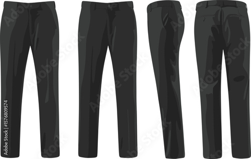 Black formal pants front back side view, flat cad illustration, dress trousers fashion vector, tailored office wear, professional clothing technical drawing, editable garment template