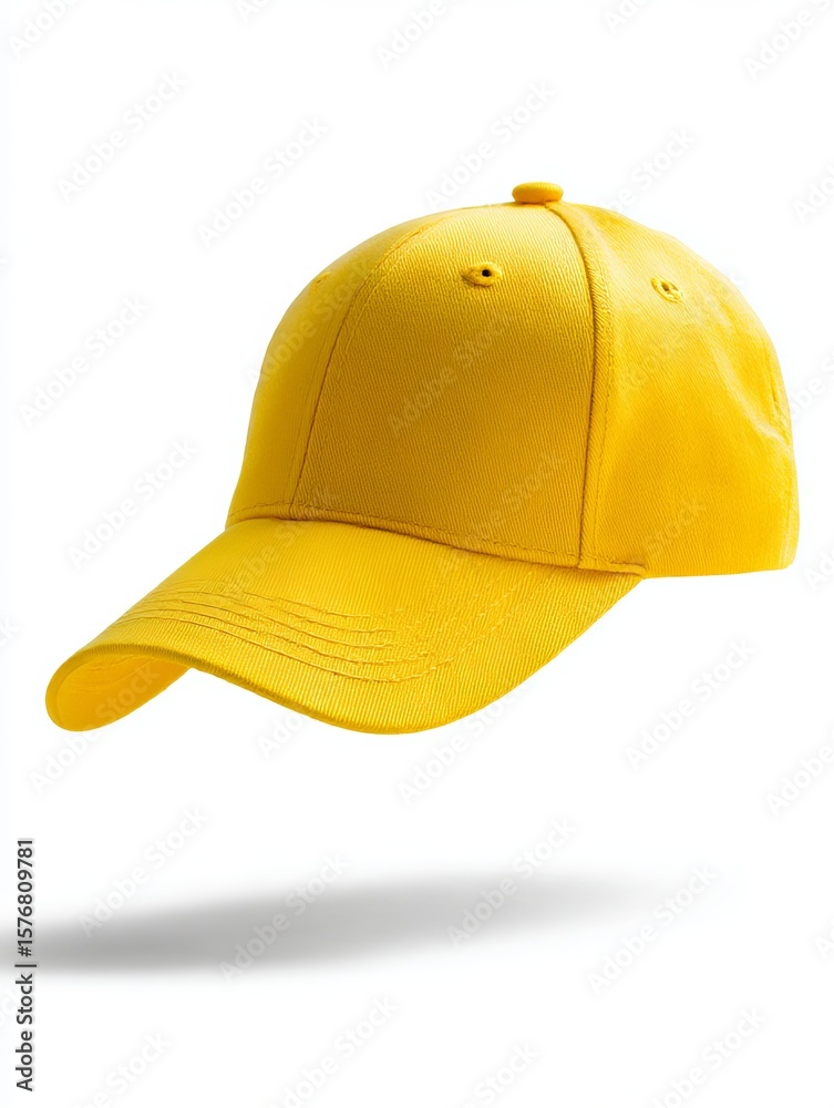 Fototapeta premium Bright yellow baseball cap floating with a subtle shadow isolated on white background