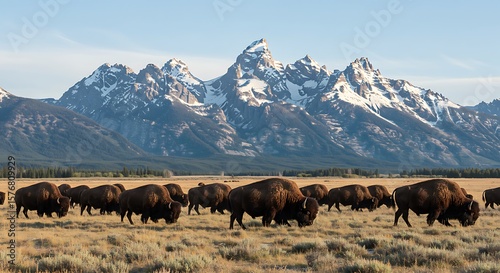 Bison Herd Grazing in Grand Teton National Park, Wyoming, A Majestic Scene of Wild Bison Roaming Free in the American West Landscape